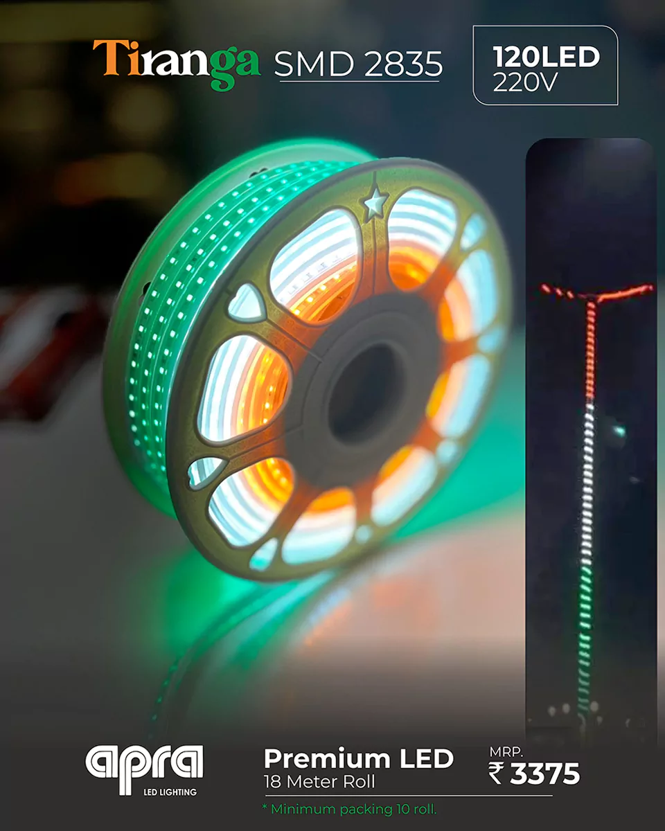 120 LED Tiranga Street Pole Light 2835 SMD Tiranga Rope Light 18 Meter Roll IP65 Indian Flag Light