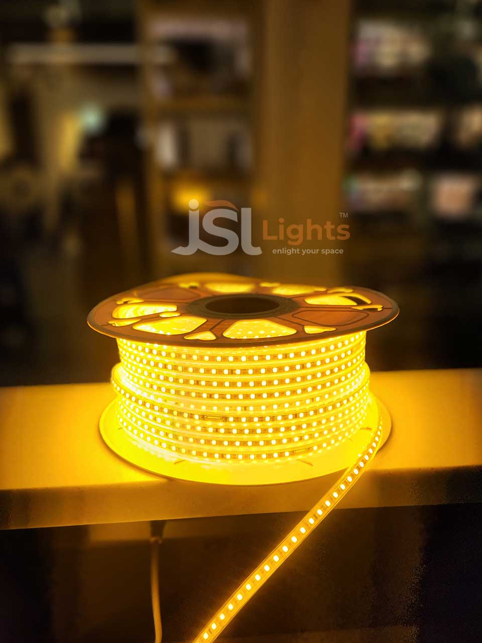 50 Meter Amber SMD 2835 Rope Light 120 LED Ceiling Cove Light for Outdoor Waterproof IP65 LED Strip Light ON view