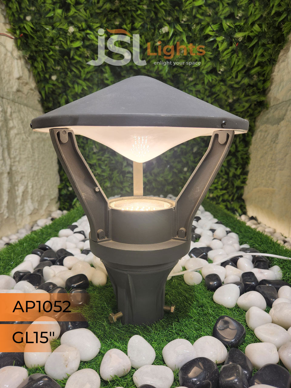 Apra 1052 Black Outdoor Gate Light 15 Inches Pillar Post Light with 12W Inbuild LED Aluminium Body IP65 Gate Lamp