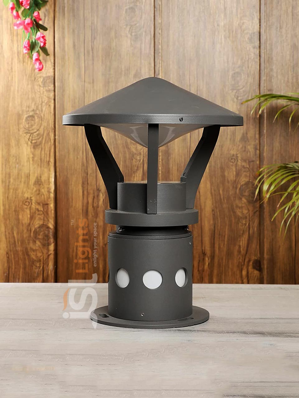 15" Round Outdoor Grey LED Gate Light 177 Pillar Post Light Aluminium Body with E27 Holder Bulb IP65 Gate Lamp